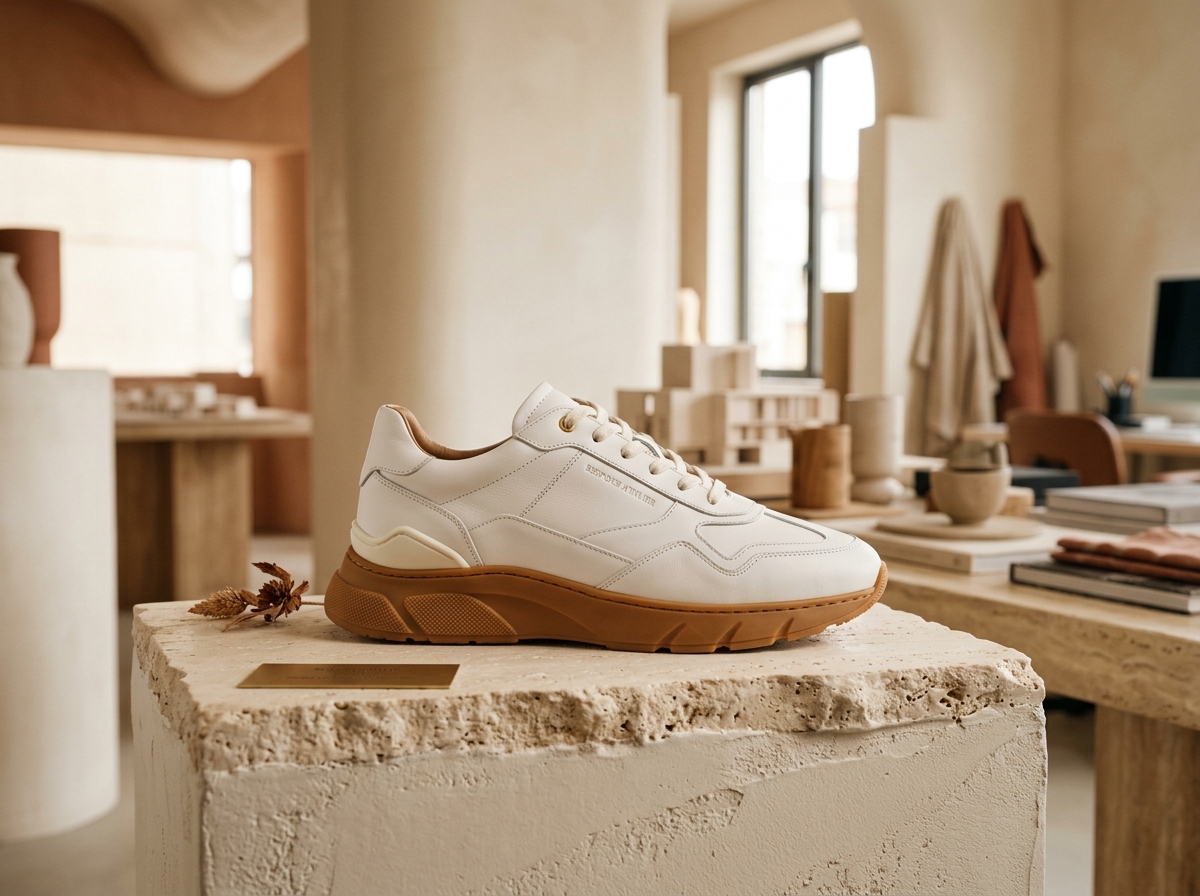 SNEAQUE™ Atelier Edition luxury sneaker with caramel sole on travertine pedestal